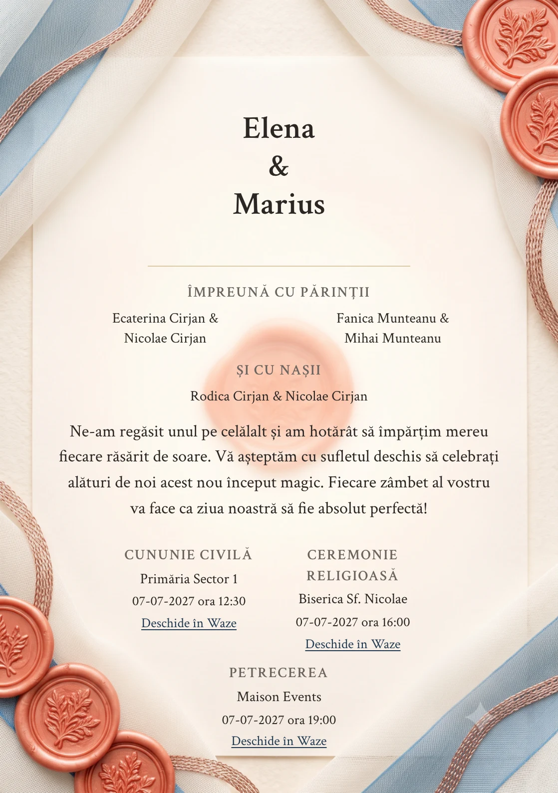 Voal de Coral, pentru o invitație de nuntă, prezintă sigiliu coral stins pe voal fin, completat vizual de nuanțe de ceară coral stins, pergament ivory și albastru cer pal.