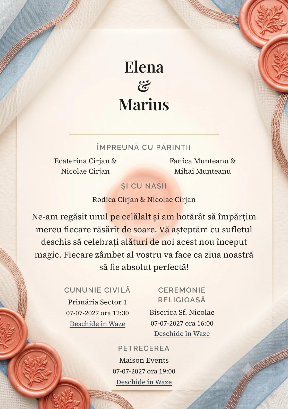 Voal de Coral, pentru o invitație de nuntă, prezintă sigiliu coral stins pe voal fin, completat vizual de nuanțe de ceară coral stins, pergament ivory și albastru cer pal.