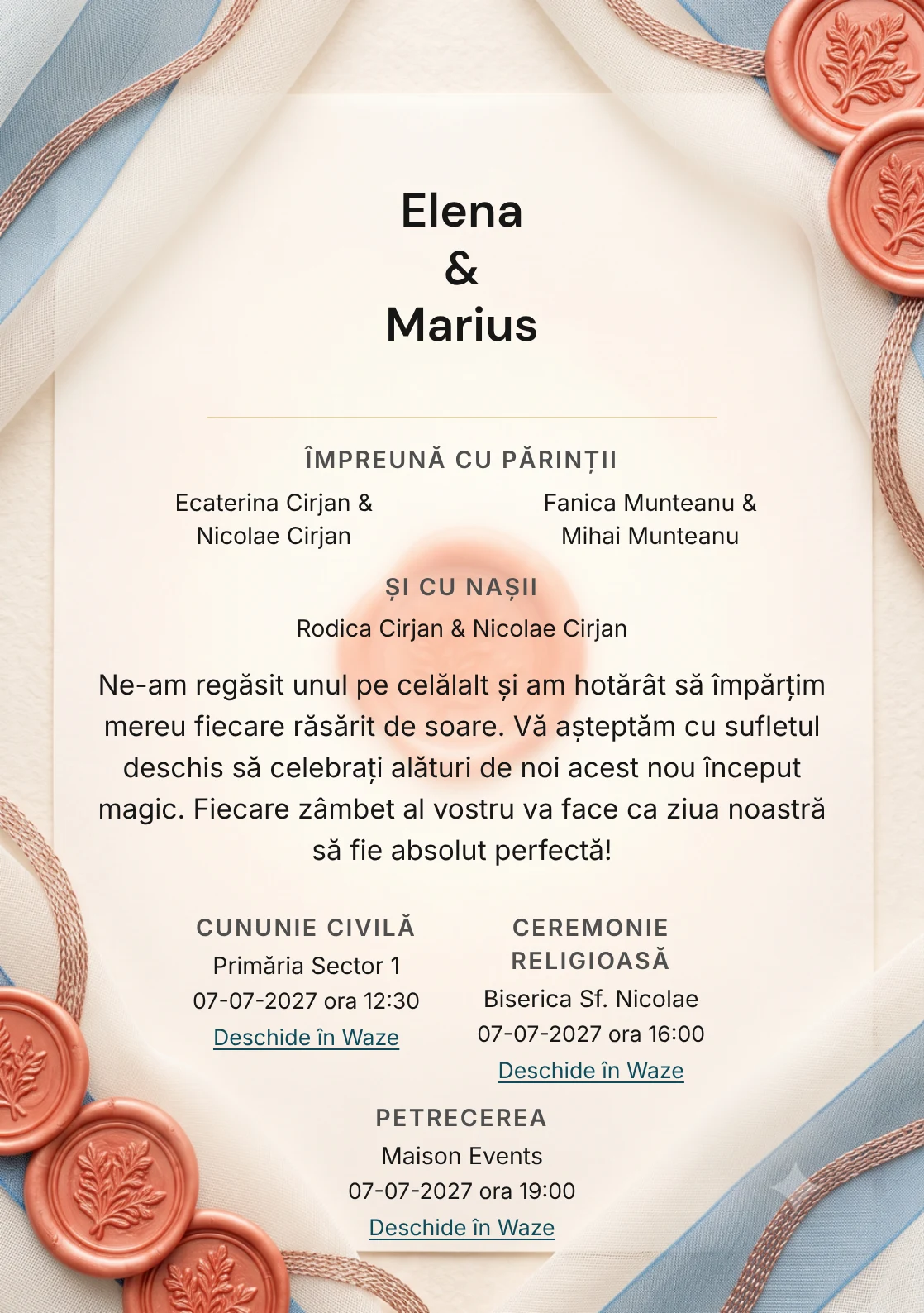 Voal de Coral, pentru o invitație de nuntă, prezintă sigiliu coral stins pe voal fin, completat vizual de nuanțe de ceară coral stins, pergament ivory și albastru cer pal.