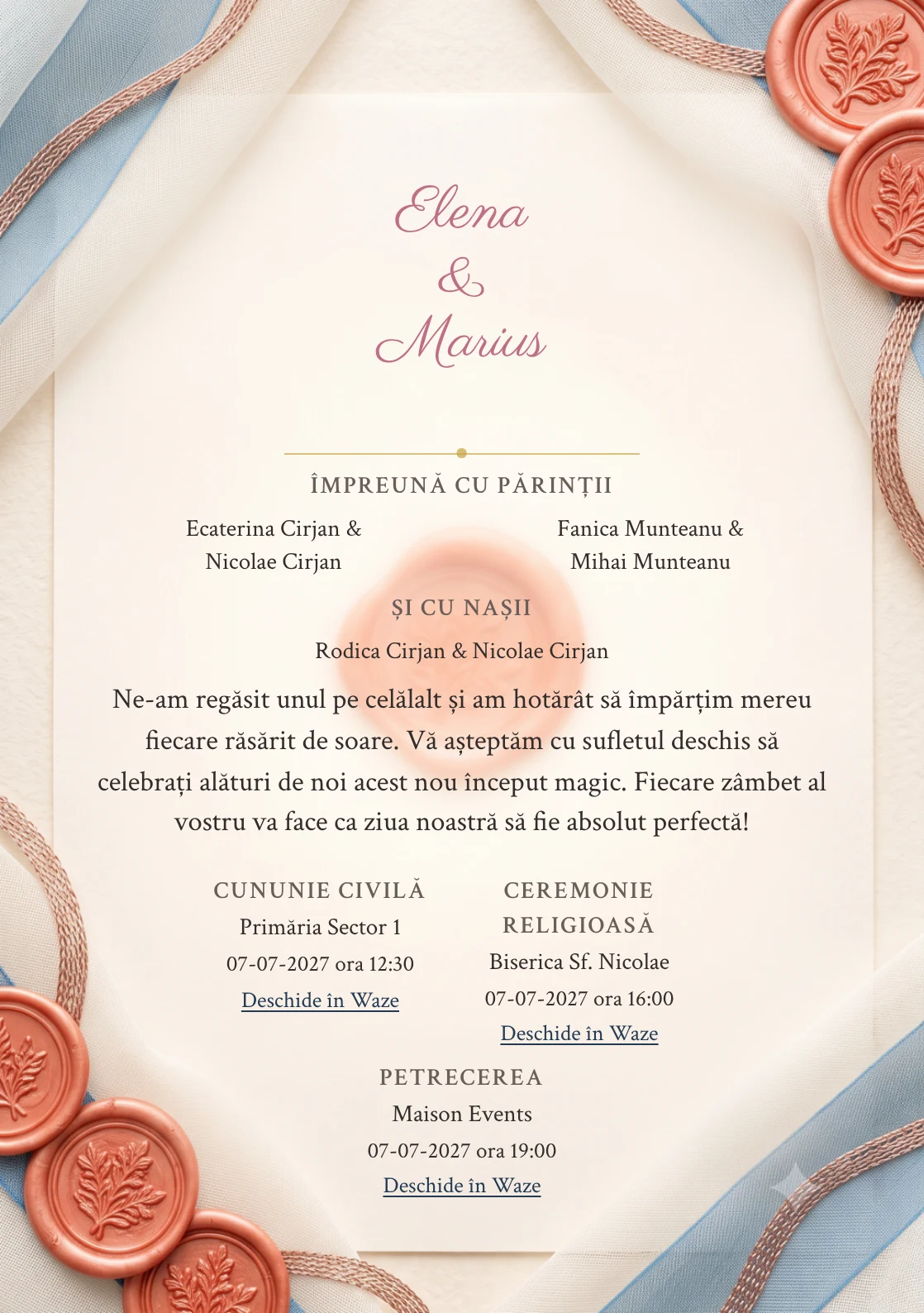 Voal de Coral, pentru o invitație de nuntă, prezintă sigiliu coral stins pe voal fin, completat vizual de nuanțe de ceară coral stins, pergament ivory și albastru cer pal.