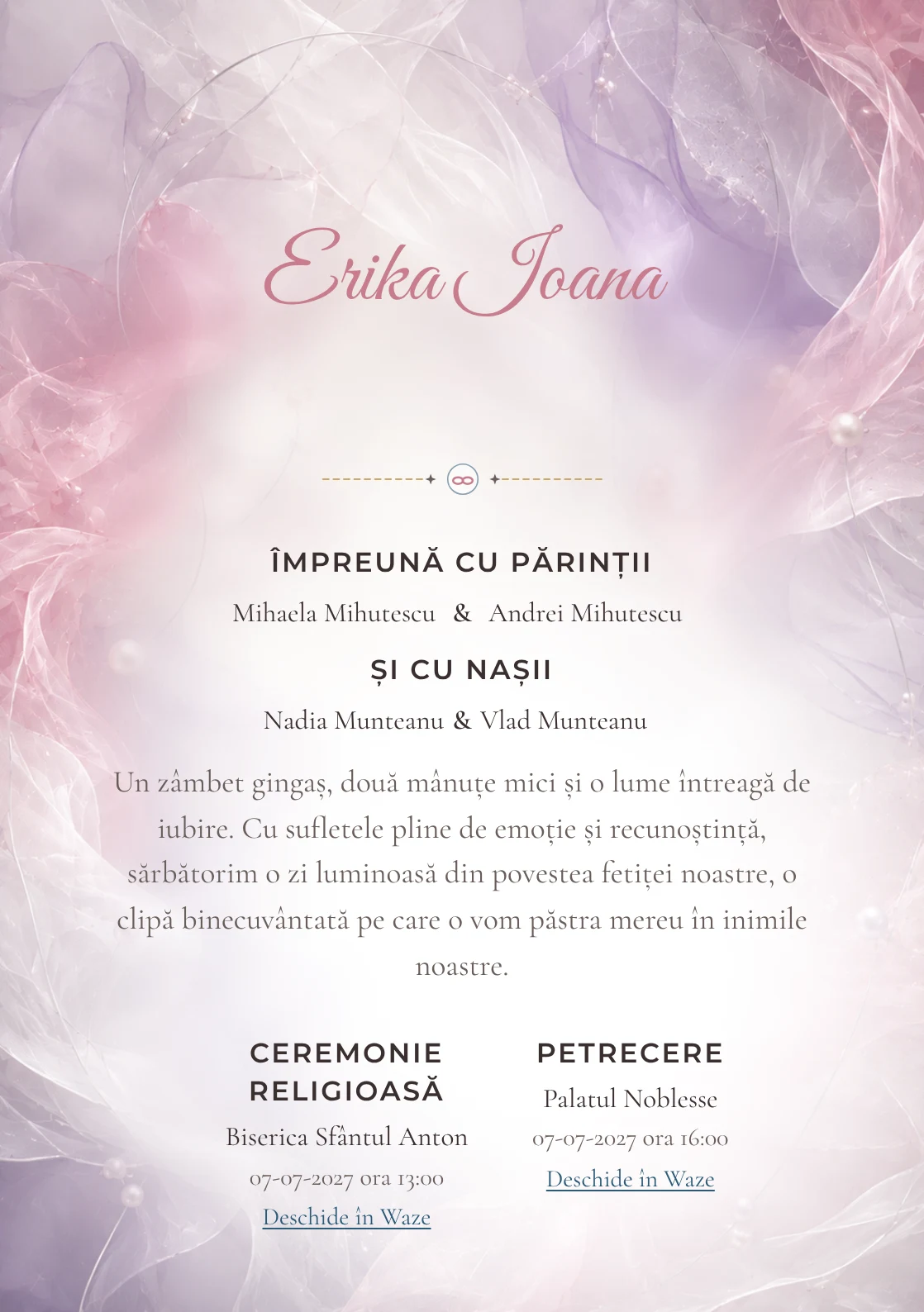 Designul Voaluri de Organza, din gama de invitații botez fetiță, reunește o sculptură aeriană din voaluri cu fire metalice.