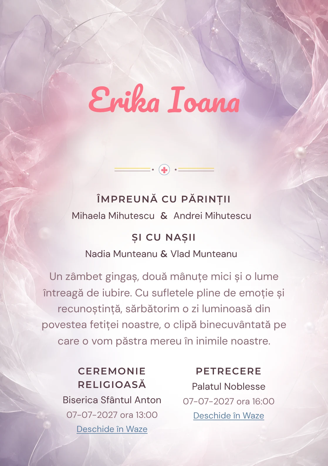 Designul Voaluri de Organza, din gama de invitații botez fetiță, reunește o sculptură aeriană din voaluri cu fire metalice.