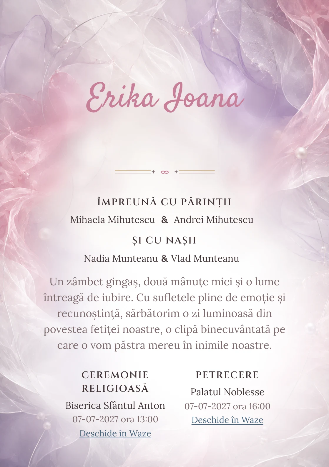Designul Voaluri de Organza, din gama de invitații botez fetiță, reunește o sculptură aeriană din voaluri cu fire metalice.