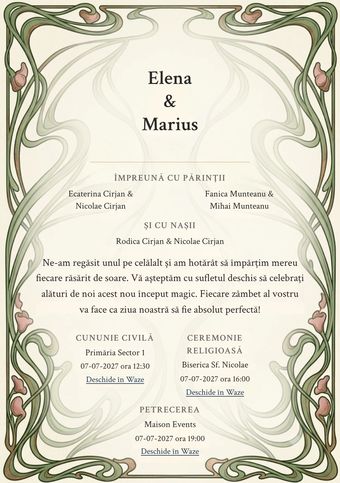 Designul Vrejuri Art Nouveau, în colecția de invitații nuntă, combină linii vegetale sinuoase expresive cu o cromatică de verde art nouveau pal, roz antique și crem hârtie.