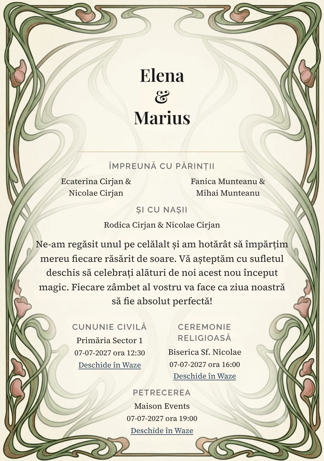 Designul Vrejuri Art Nouveau, în colecția de invitații nuntă, combină linii vegetale sinuoase expresive cu o cromatică de verde art nouveau pal, roz antique și crem hârtie.