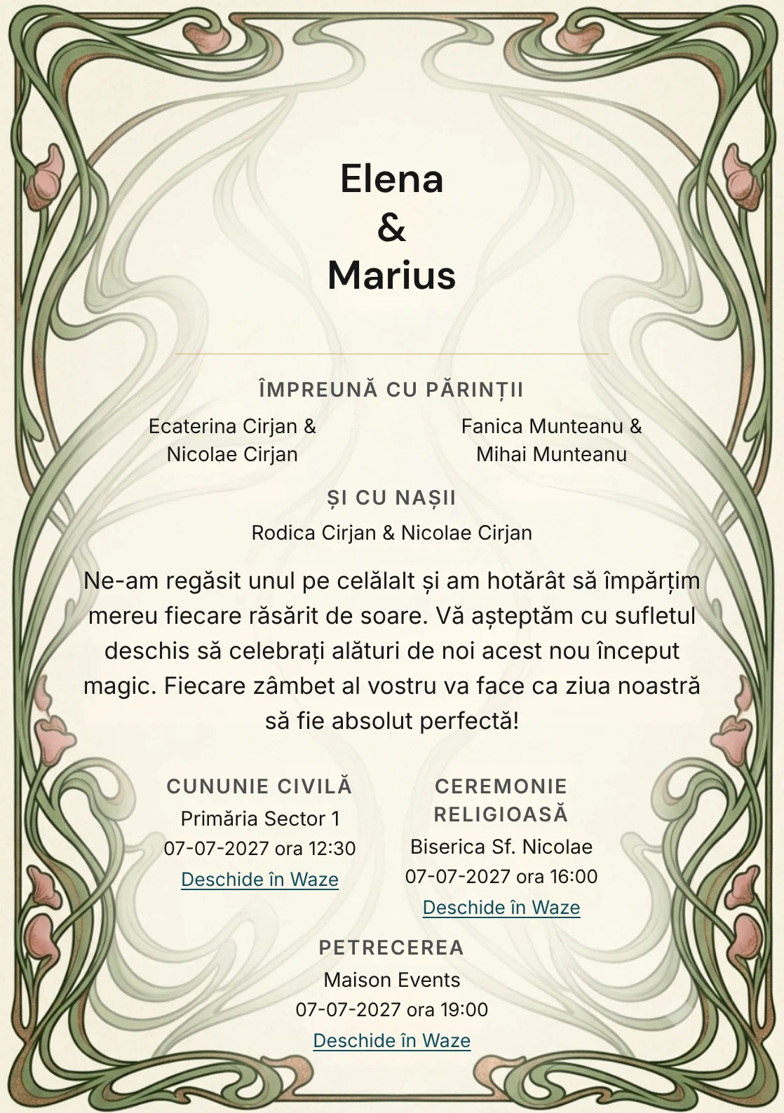 Designul Vrejuri Art Nouveau, în colecția de invitații nuntă, combină linii vegetale sinuoase expresive cu o cromatică de verde art nouveau pal, roz antique și crem hârtie.