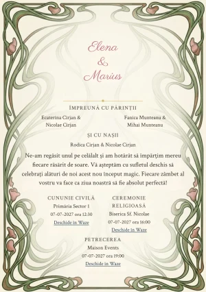 Designul Vrejuri Art Nouveau, în colecția de invitații nuntă, combină linii vegetale sinuoase expresive cu o cromatică de verde art nouveau pal, roz antique și crem hârtie.