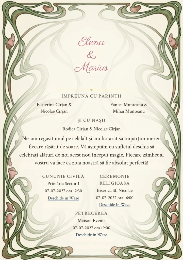 Designul Vrejuri Art Nouveau, în colecția de invitații nuntă, combină linii vegetale sinuoase expresive cu o cromatică de verde art nouveau pal, roz antique și crem hârtie.
