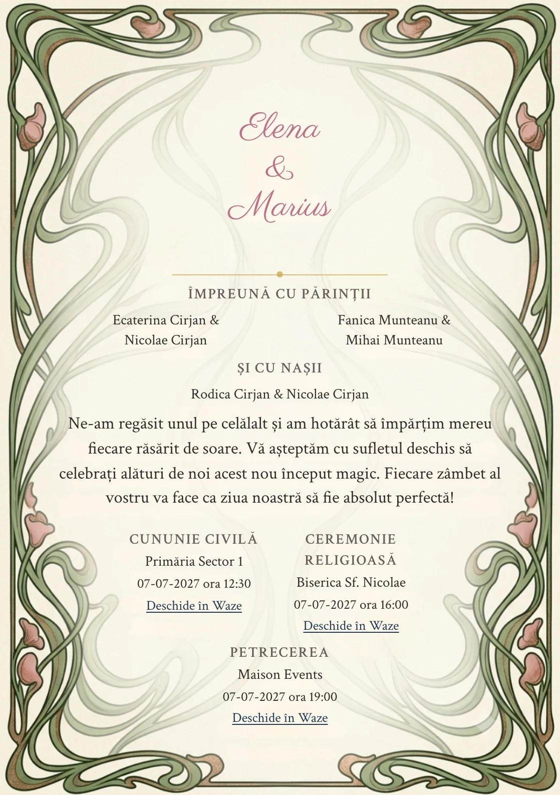 Designul Vrejuri Art Nouveau, în colecția de invitații nuntă, combină linii vegetale sinuoase expresive cu o cromatică de verde art nouveau pal, roz antique și crem hârtie.