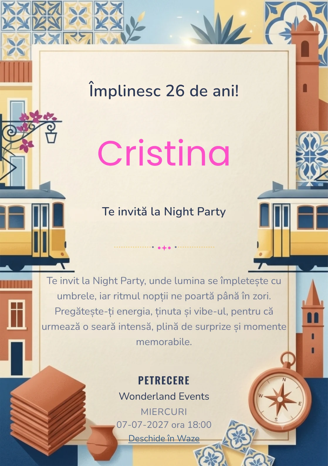 Weekend la Lisabona, invitație digitală aniversară pentru adulți, combină o stradă în pantă cu fațade abstractizate și lumină atlantică cu un tramvai.