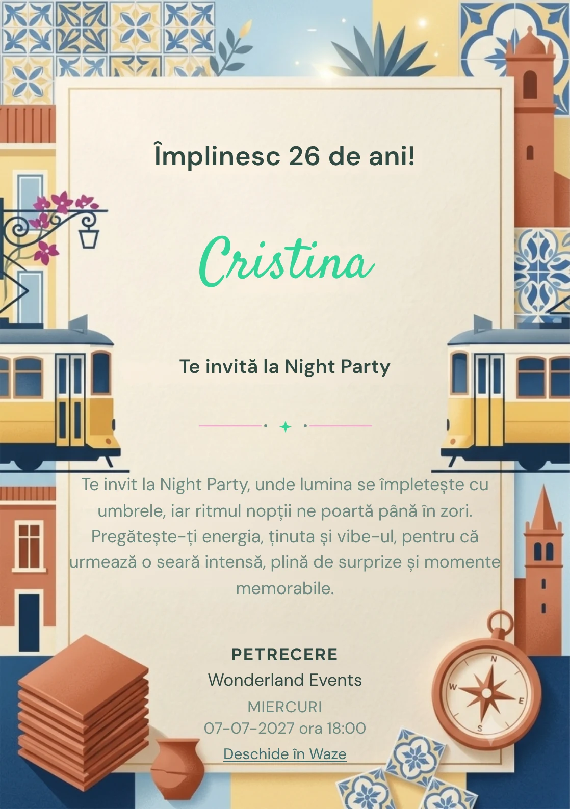 Weekend la Lisabona, invitație digitală aniversară pentru adulți, combină o stradă în pantă cu fațade abstractizate și lumină atlantică cu un tramvai.