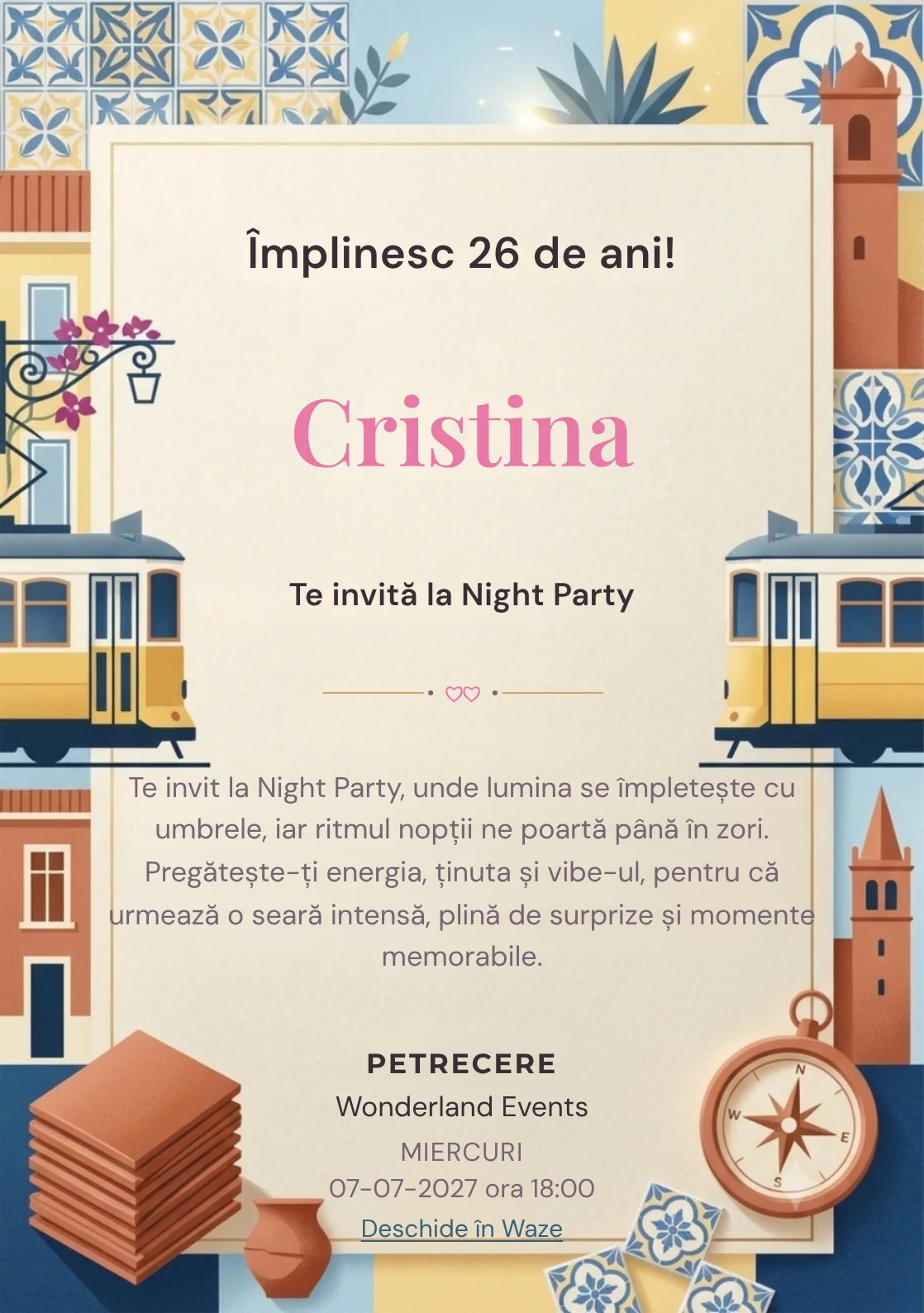 Weekend la Lisabona, invitație digitală aniversară pentru adulți, combină o stradă în pantă cu fațade abstractizate și lumină atlantică cu un tramvai.