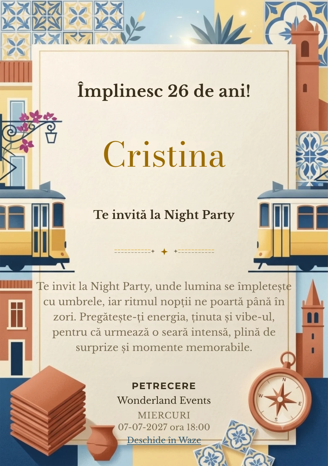Weekend la Lisabona, invitație digitală aniversară pentru adulți, combină o stradă în pantă cu fațade abstractizate și lumină atlantică cu un tramvai.