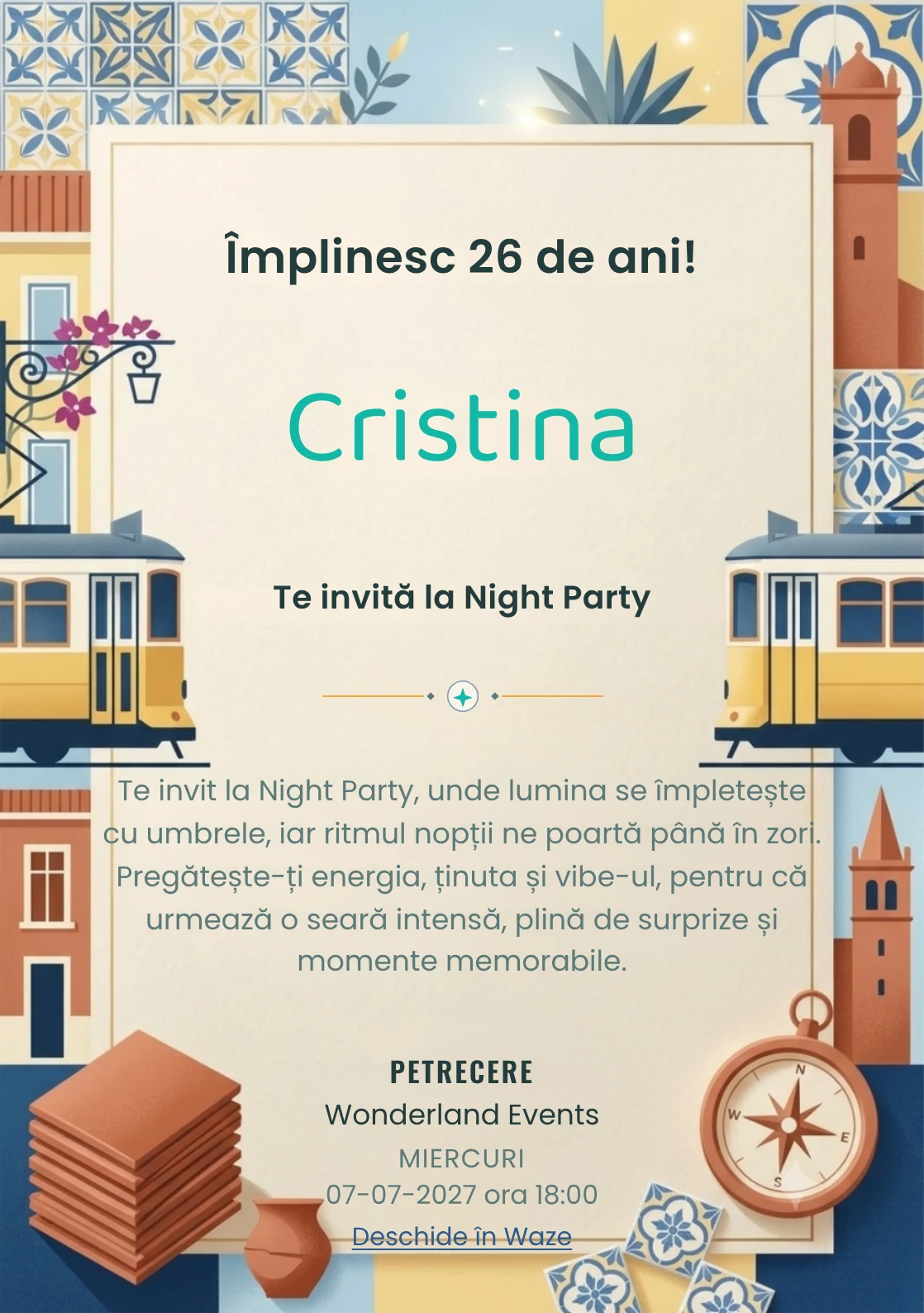 Weekend la Lisabona, invitație digitală aniversară pentru adulți, combină o stradă în pantă cu fațade abstractizate și lumină atlantică cu un tramvai.