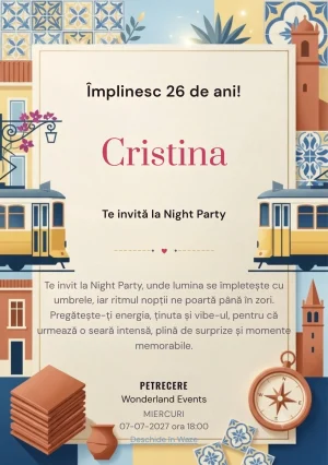 Weekend la Lisabona, invitație digitală aniversară pentru adulți, combină o stradă în pantă cu fațade abstractizate și lumină atlantică cu un tramvai.