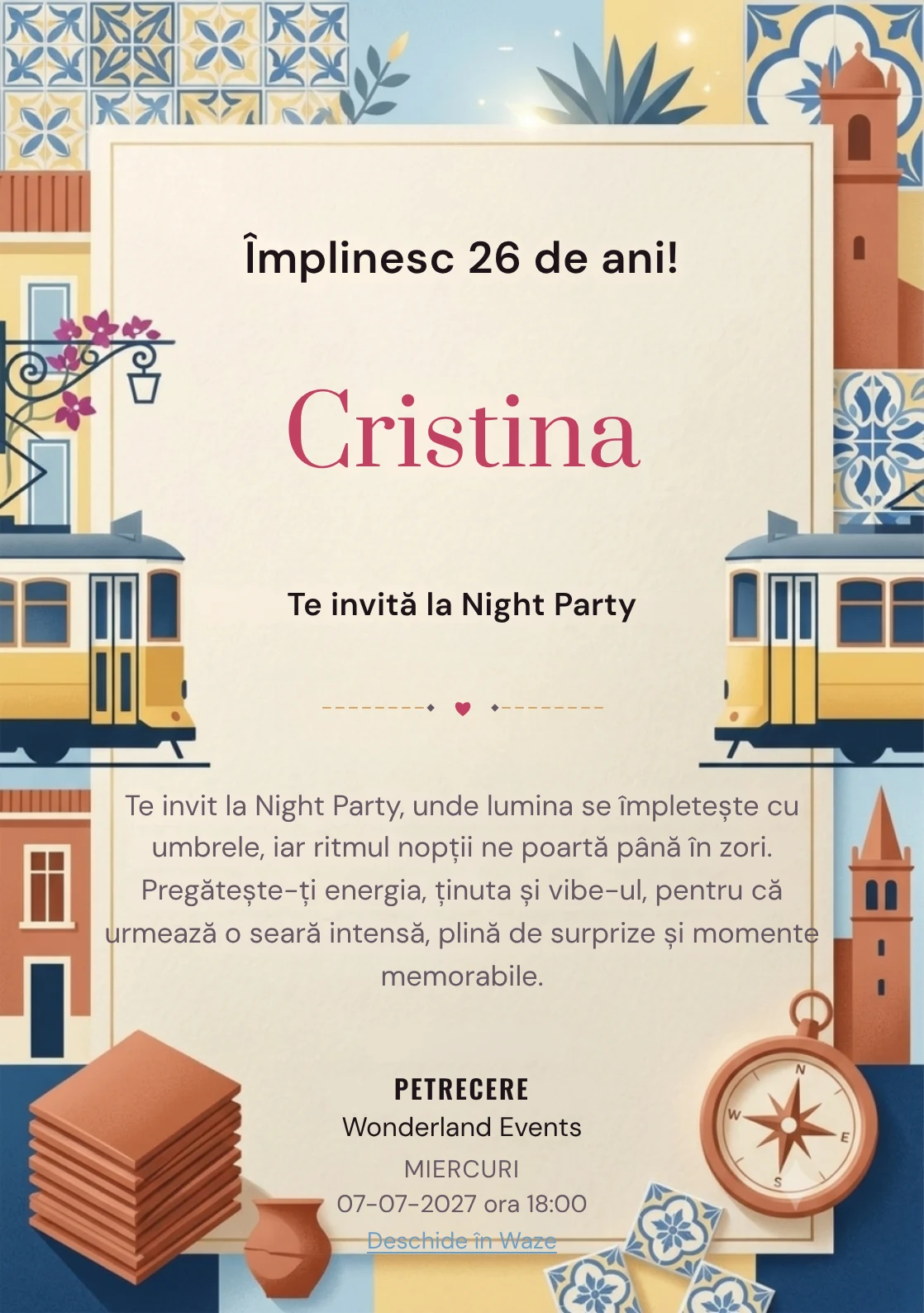 Weekend la Lisabona, invitație digitală aniversară pentru adulți, combină o stradă în pantă cu fațade abstractizate și lumină atlantică cu un tramvai.