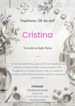 Modelul White Party Modern, invitație digitală pentru ziua de naștere a adulților, pune în valoare drapaje albe și un bar abstract.