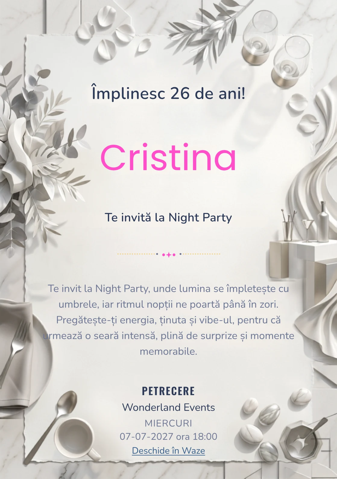 Modelul White Party Modern, invitație digitală pentru ziua de naștere a adulților, pune în valoare drapaje albe și un bar abstract.