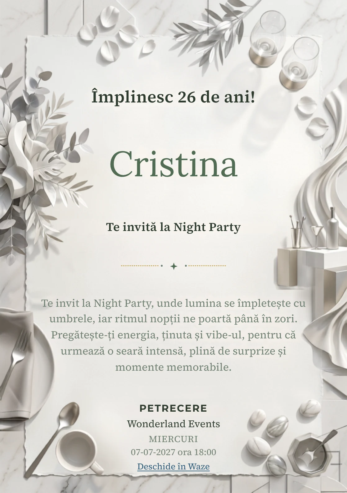 Modelul White Party Modern, invitație digitală pentru ziua de naștere a adulților, pune în valoare drapaje albe și un bar abstract.