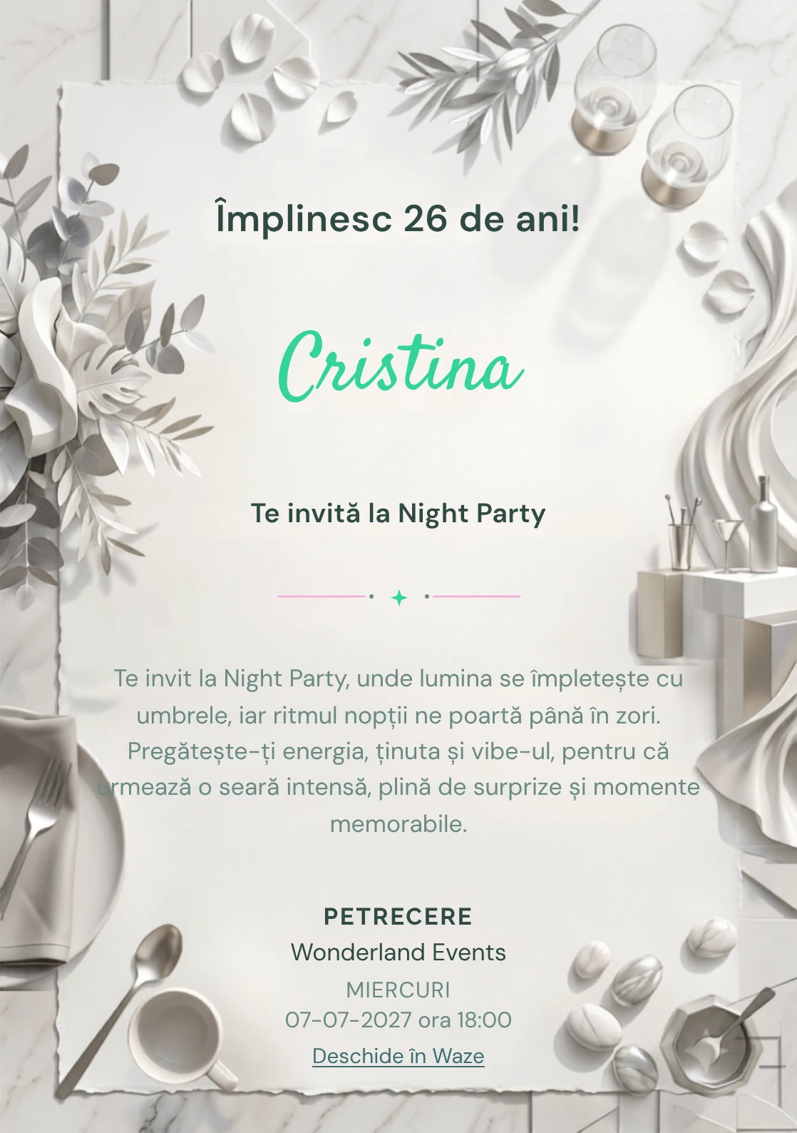 Modelul White Party Modern, invitație digitală pentru ziua de naștere a adulților, pune în valoare drapaje albe și un bar abstract.