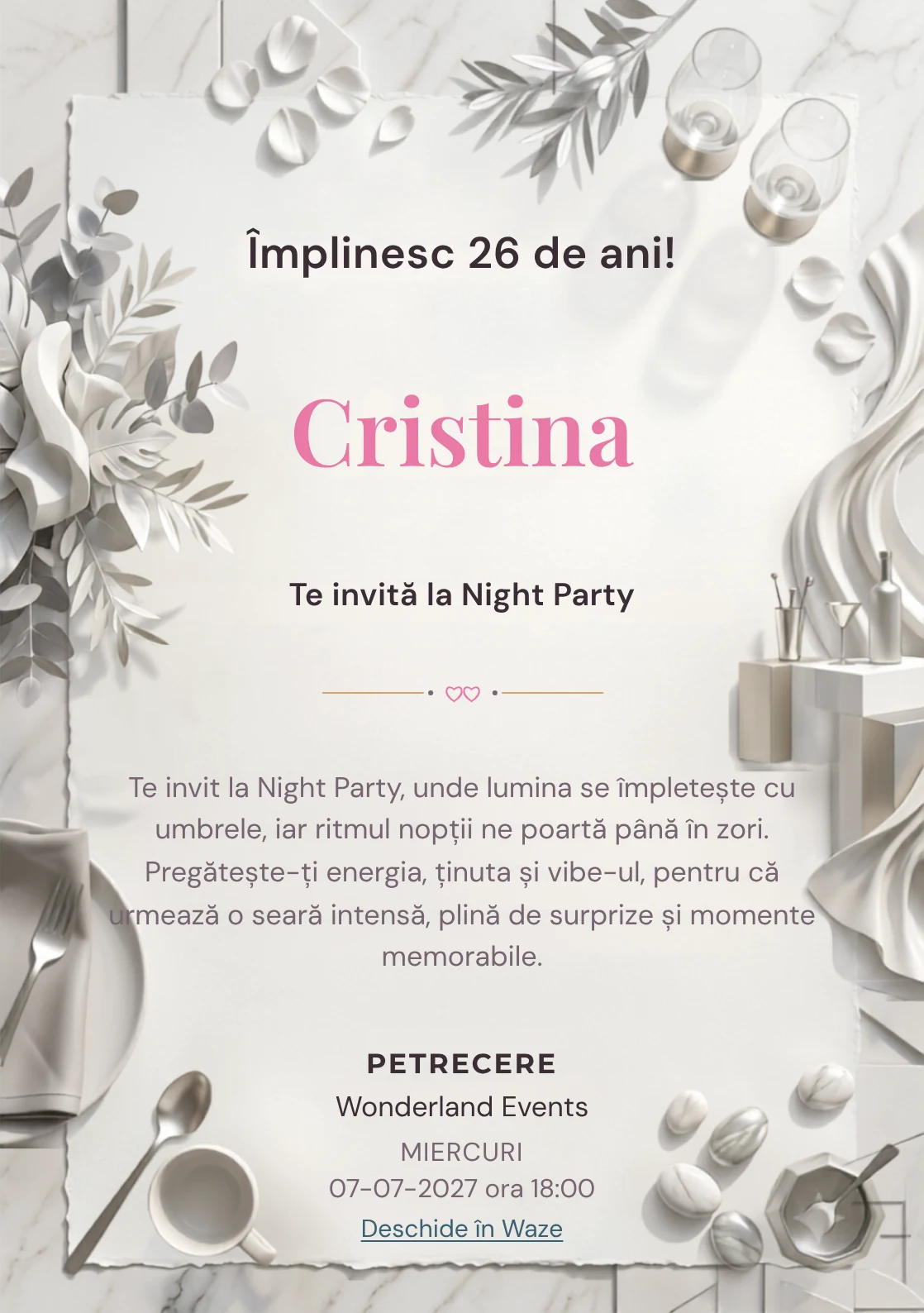 Modelul White Party Modern, invitație digitală pentru ziua de naștere a adulților, pune în valoare drapaje albe și un bar abstract.