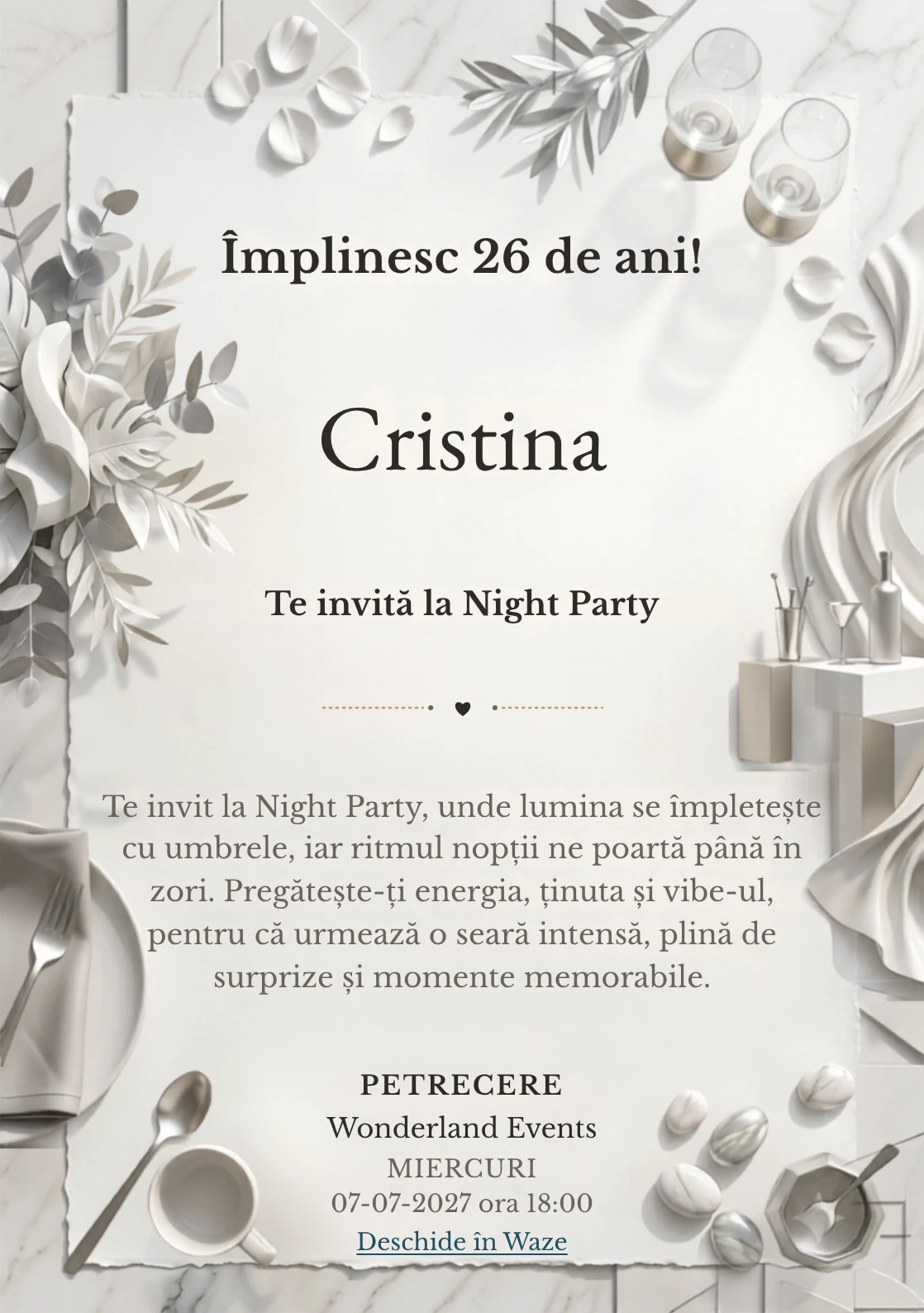 Modelul White Party Modern, invitație digitală pentru ziua de naștere a adulților, pune în valoare drapaje albe și un bar abstract.