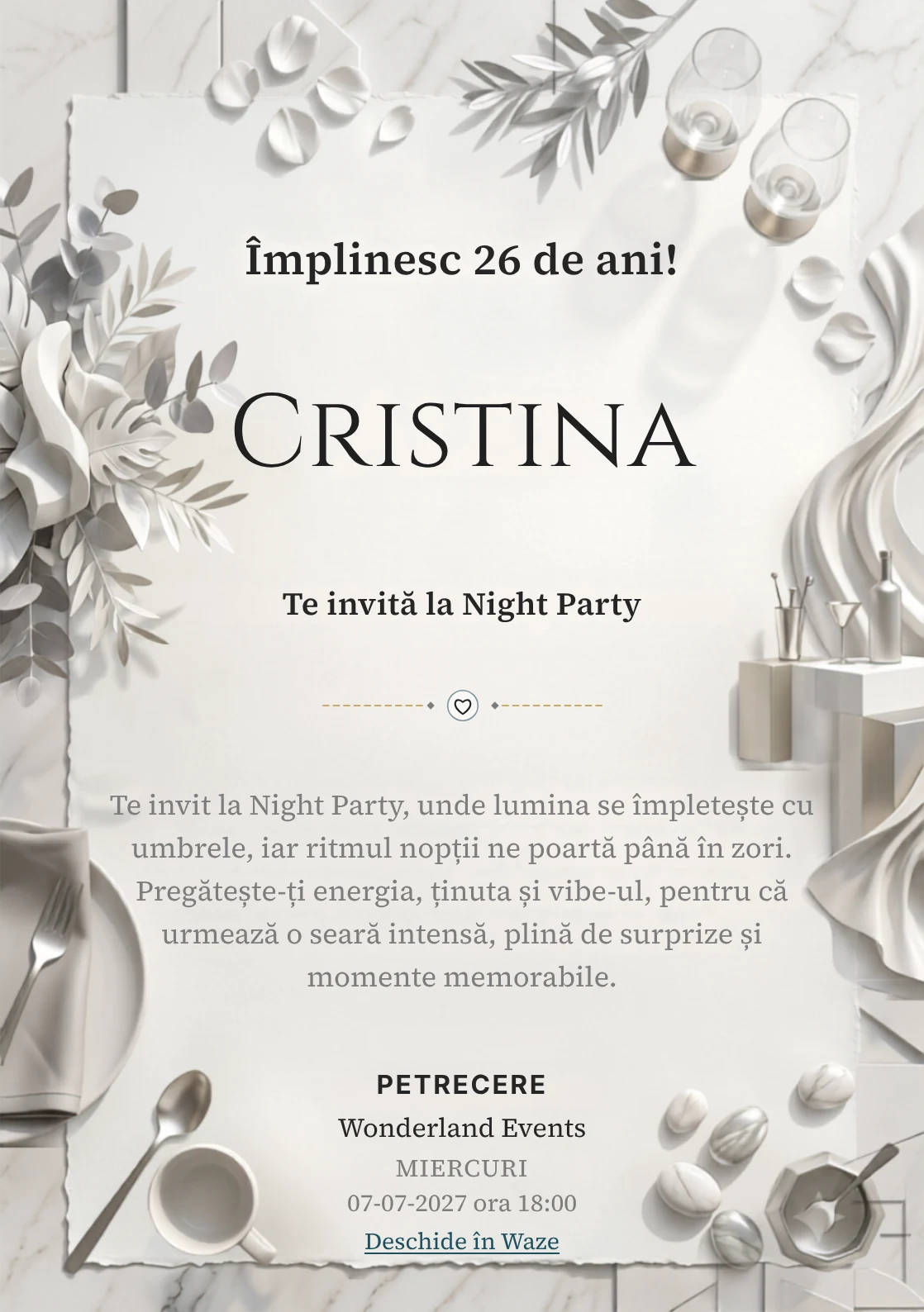 Modelul White Party Modern, invitație digitală pentru ziua de naștere a adulților, pune în valoare drapaje albe și un bar abstract.