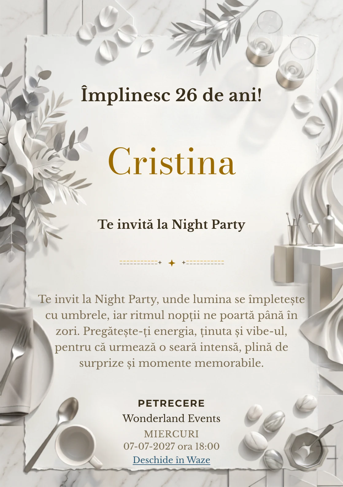 Modelul White Party Modern, invitație digitală pentru ziua de naștere a adulților, pune în valoare drapaje albe și un bar abstract.