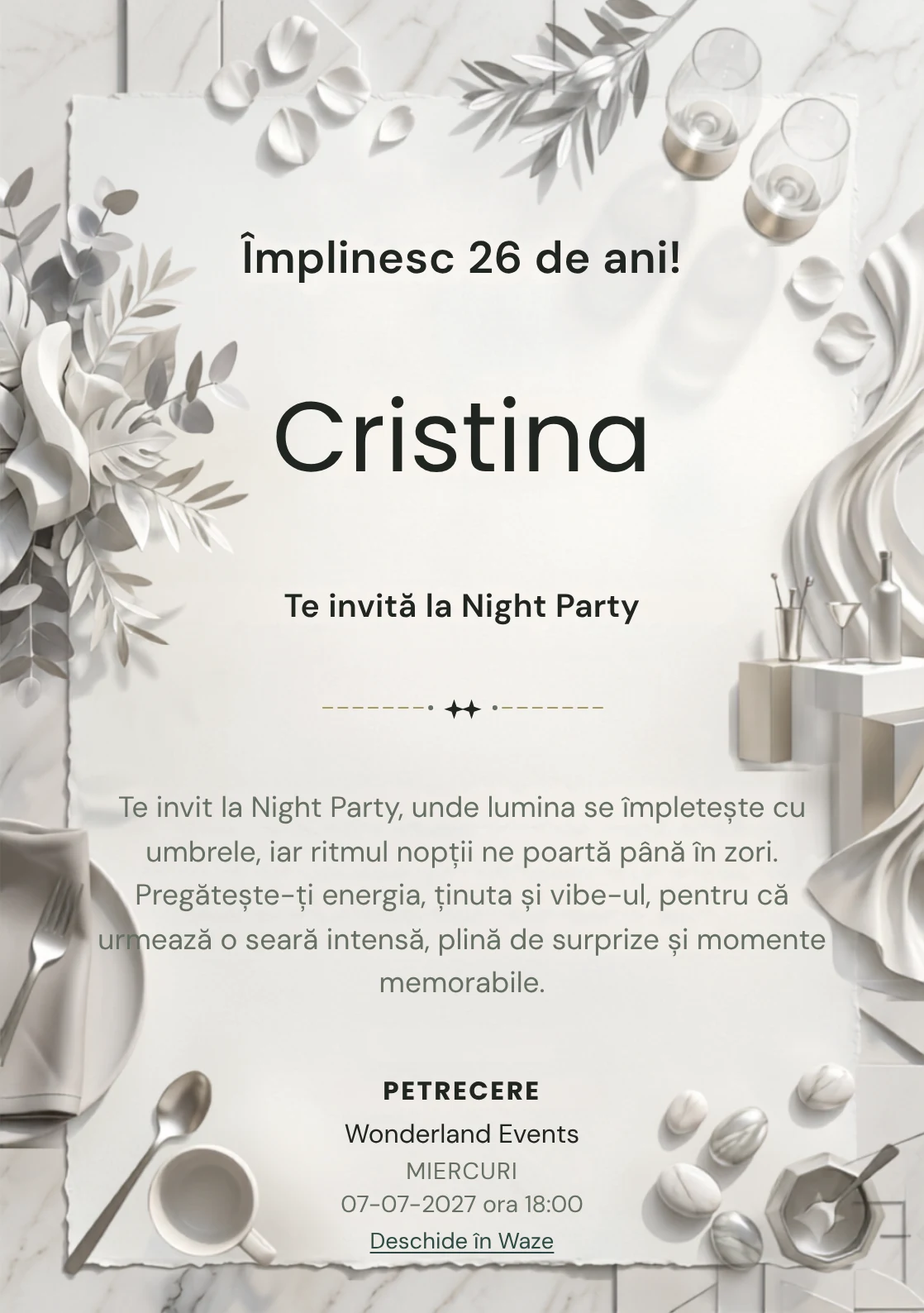 Modelul White Party Modern, invitație digitală pentru ziua de naștere a adulților, pune în valoare drapaje albe și un bar abstract.