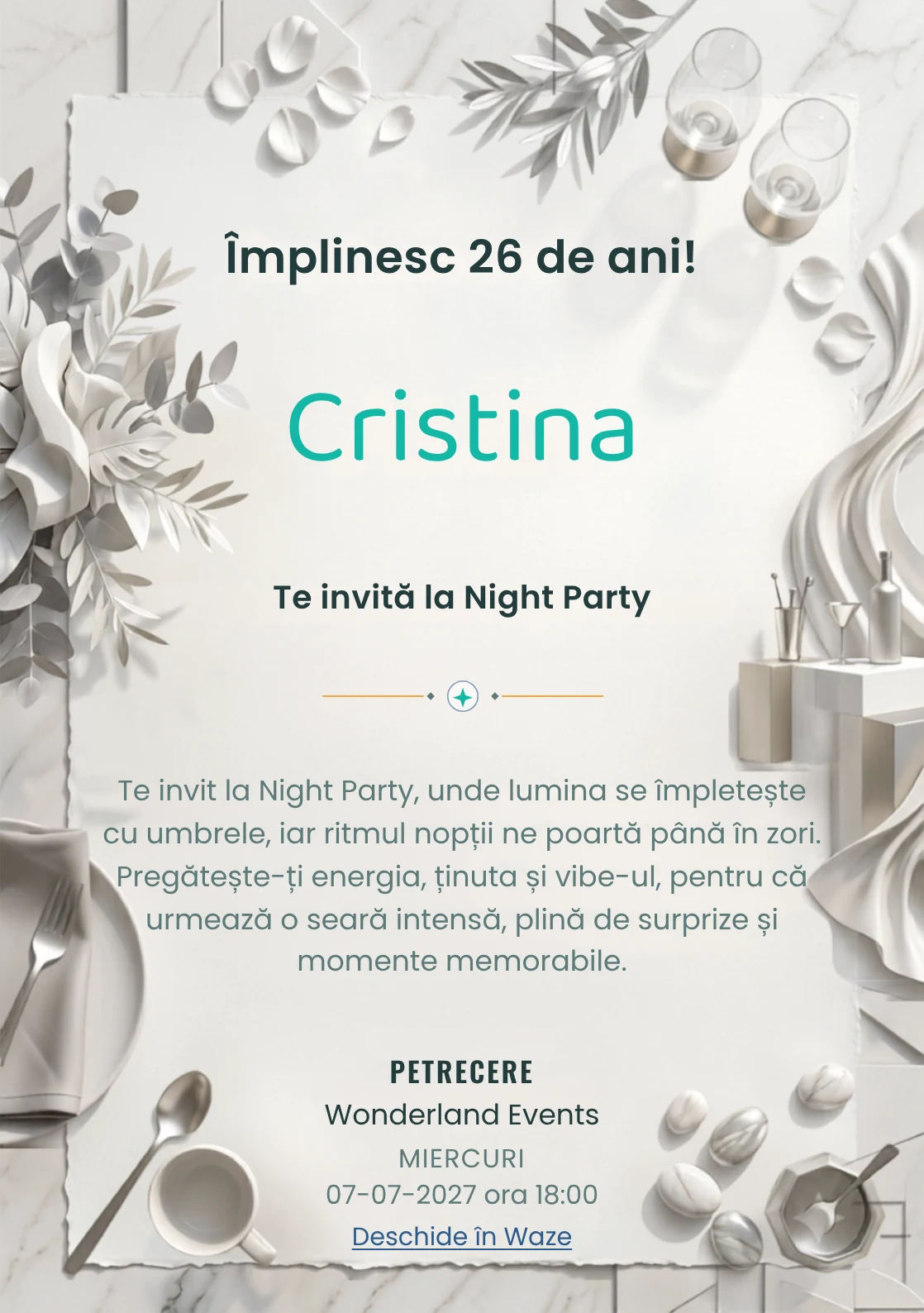 Modelul White Party Modern, invitație digitală pentru ziua de naștere a adulților, pune în valoare drapaje albe și un bar abstract.
