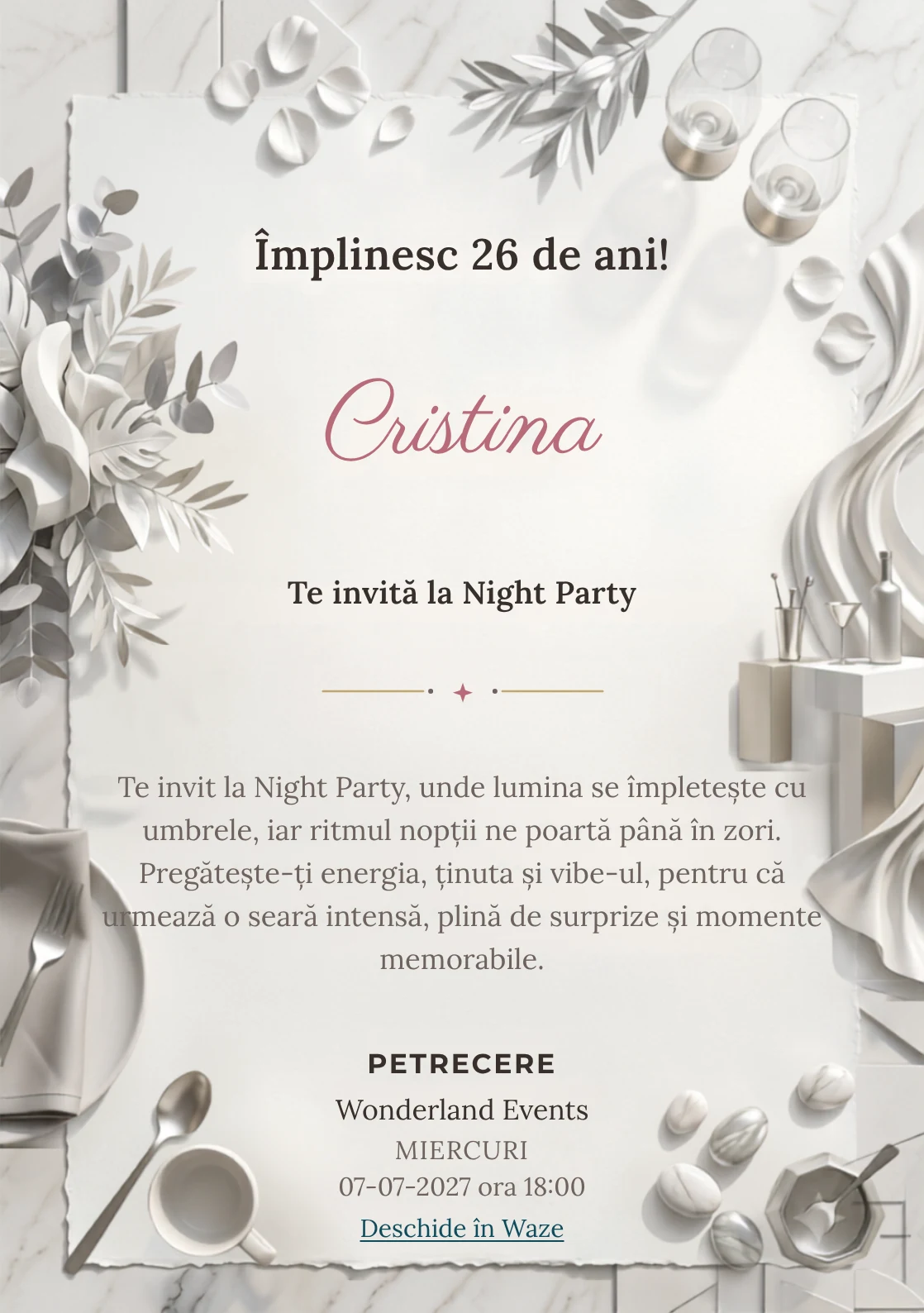 Modelul White Party Modern, invitație digitală pentru ziua de naștere a adulților, pune în valoare drapaje albe și un bar abstract.