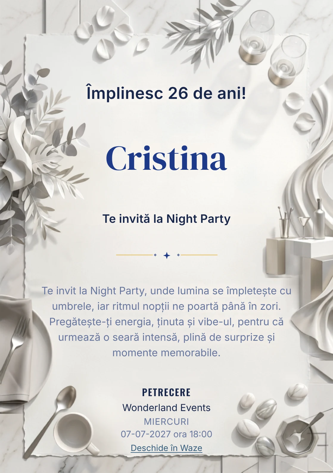 Modelul White Party Modern, invitație digitală pentru ziua de naștere a adulților, pune în valoare drapaje albe și un bar abstract.