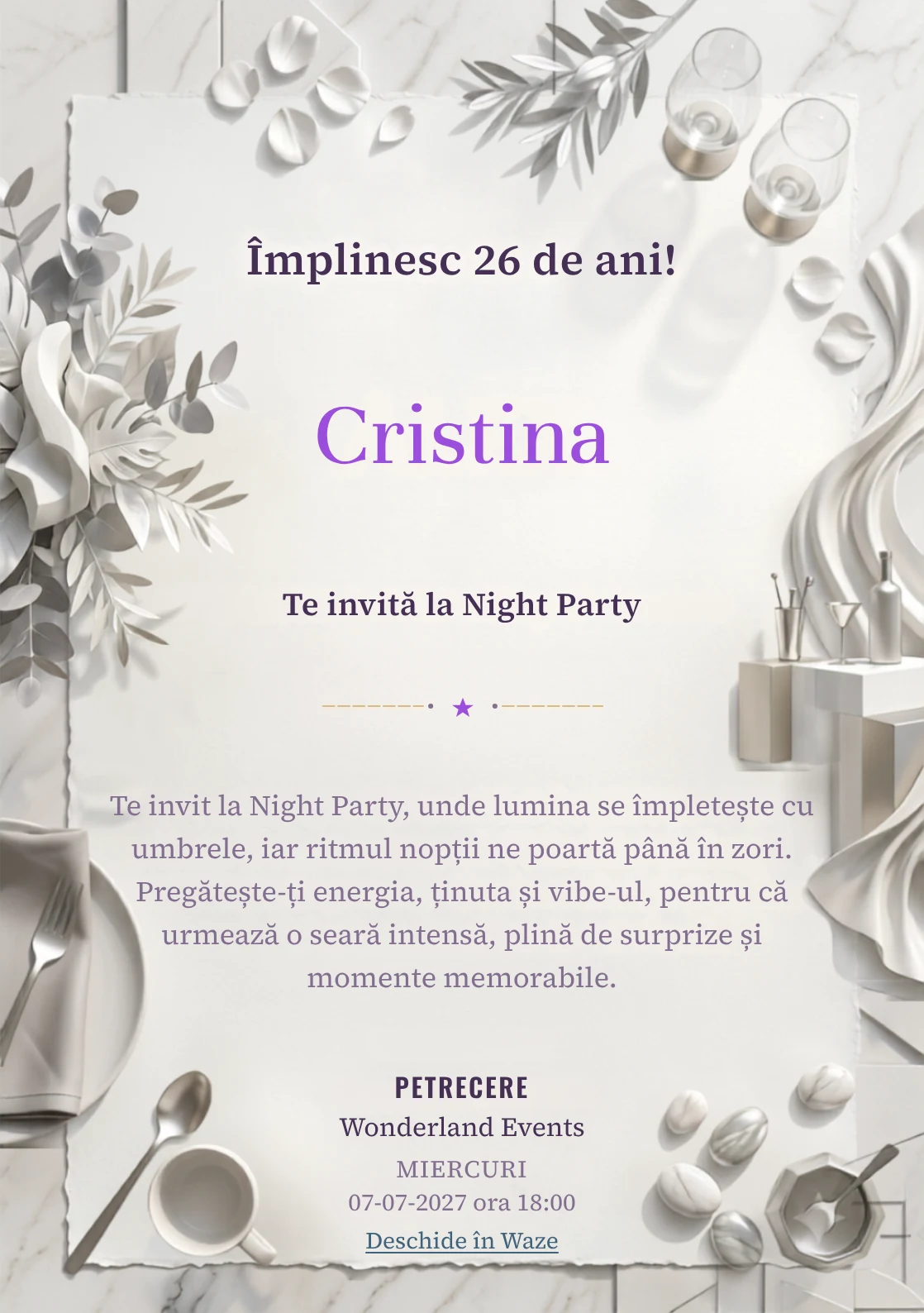 Modelul White Party Modern, invitație digitală pentru ziua de naștere a adulților, pune în valoare drapaje albe și un bar abstract.