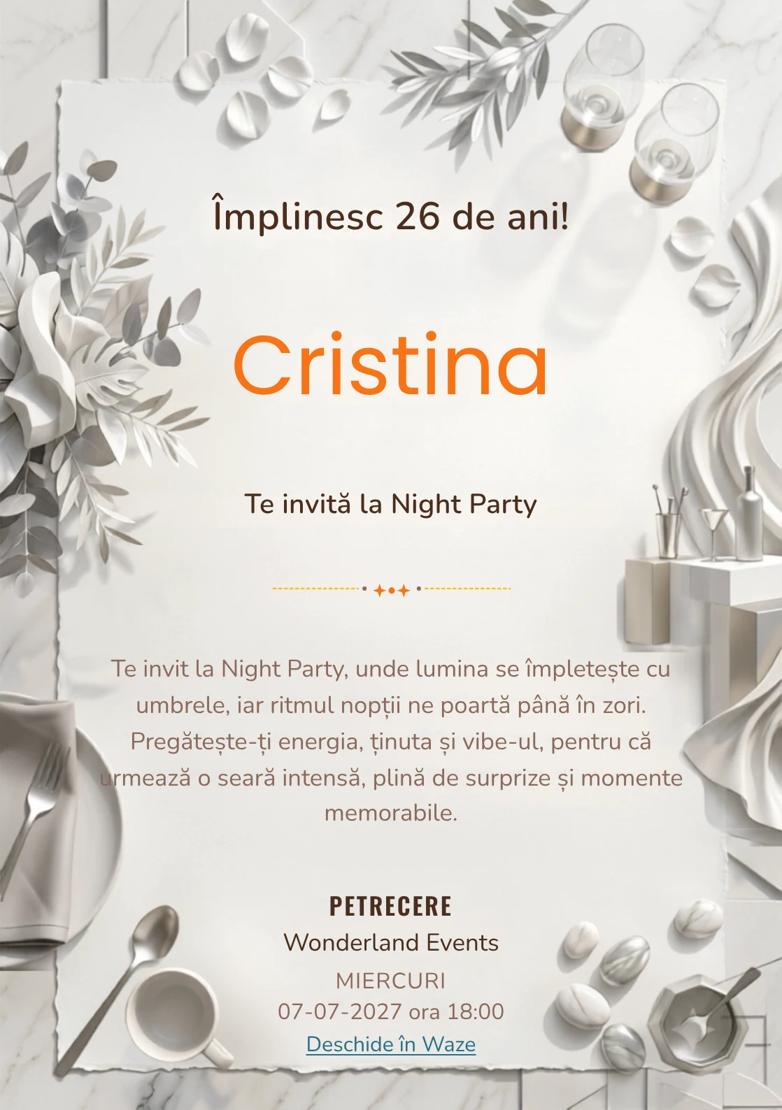 Modelul White Party Modern, invitație digitală pentru ziua de naștere a adulților, pune în valoare drapaje albe și un bar abstract.