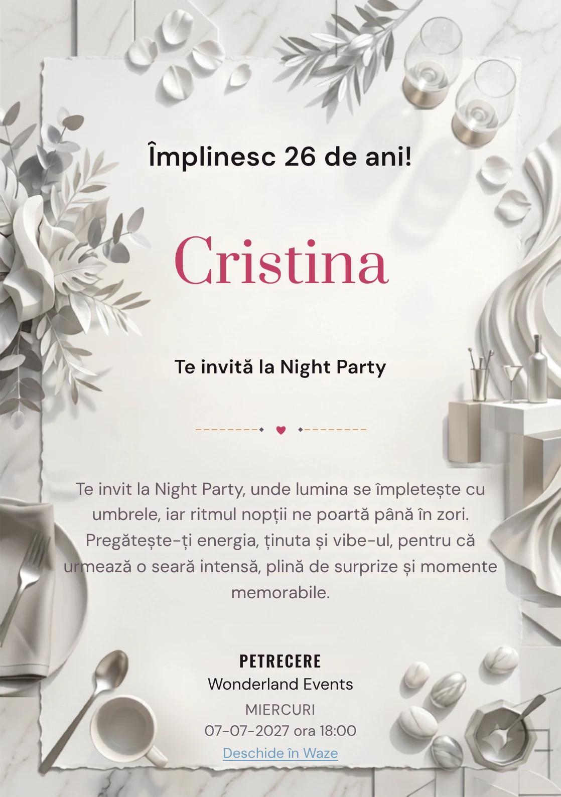 Modelul White Party Modern, invitație digitală pentru ziua de naștere a adulților, pune în valoare drapaje albe și un bar abstract.