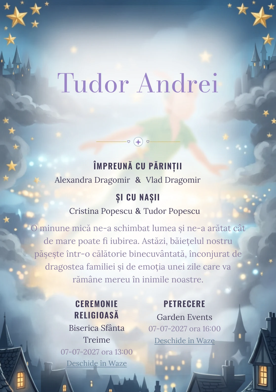Zborul lui Peter Pan, din gama de invitații botez, combină Peter Pan zburând deasupra unui cu stele aurii, într-o imagine coerentă de botez.