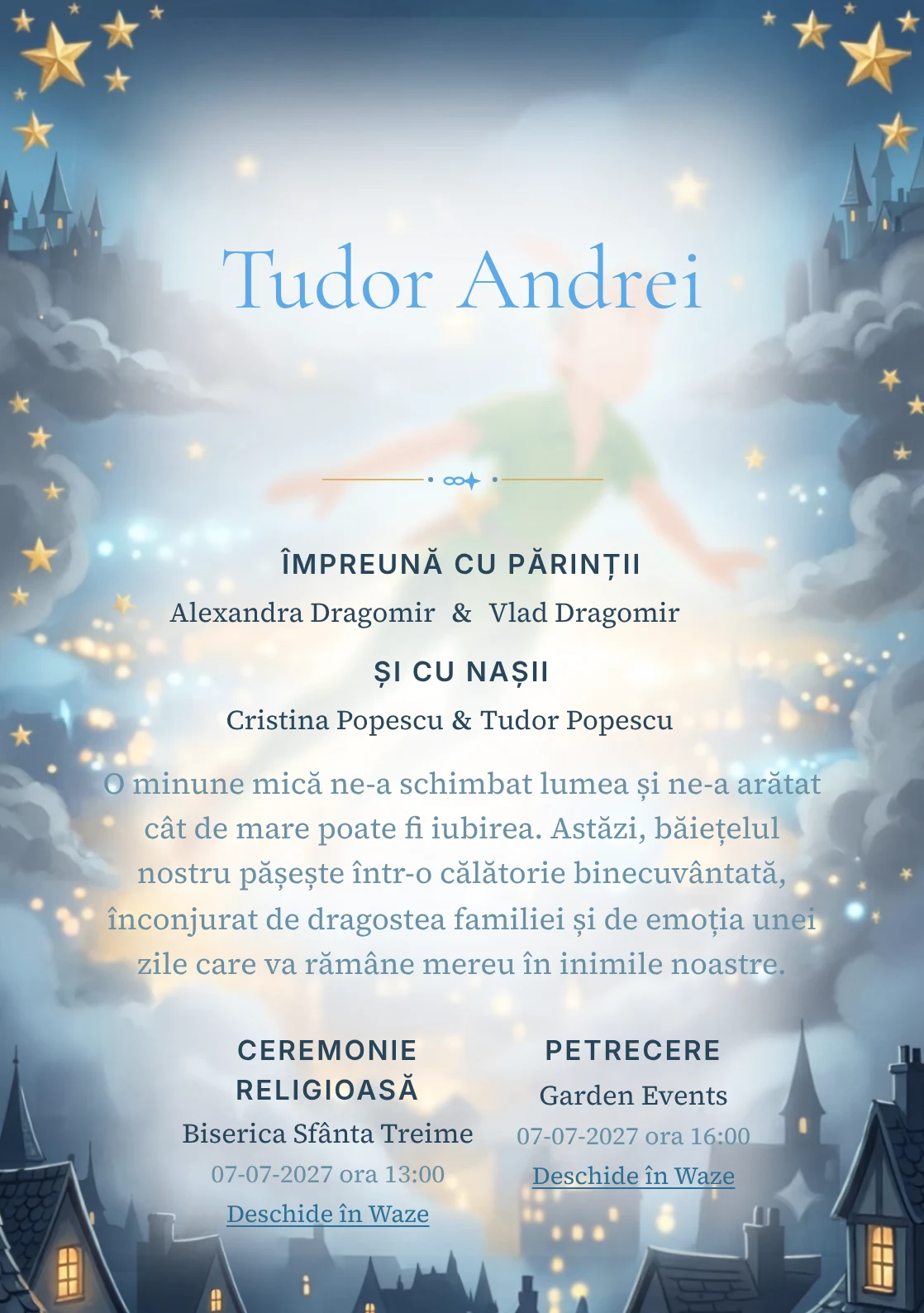 Zborul lui Peter Pan, din gama de invitații botez, combină Peter Pan zburând deasupra unui cu stele aurii, într-o imagine coerentă de botez.