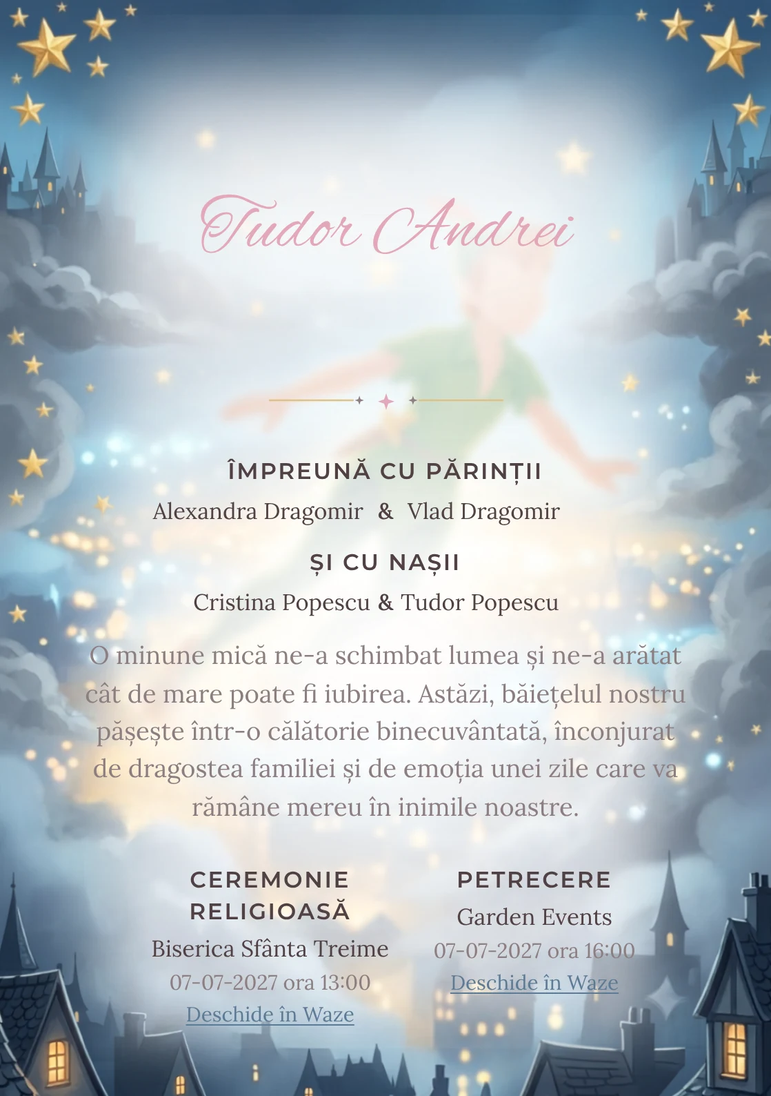 Zborul lui Peter Pan, din gama de invitații botez, combină Peter Pan zburând deasupra unui cu stele aurii, într-o imagine coerentă de botez.