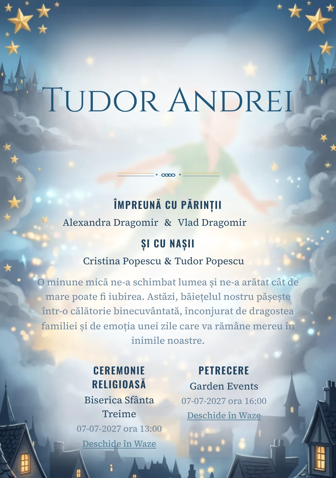Zborul lui Peter Pan, din gama de invitații botez, combină Peter Pan zburând deasupra unui cu stele aurii, într-o imagine coerentă de botez.