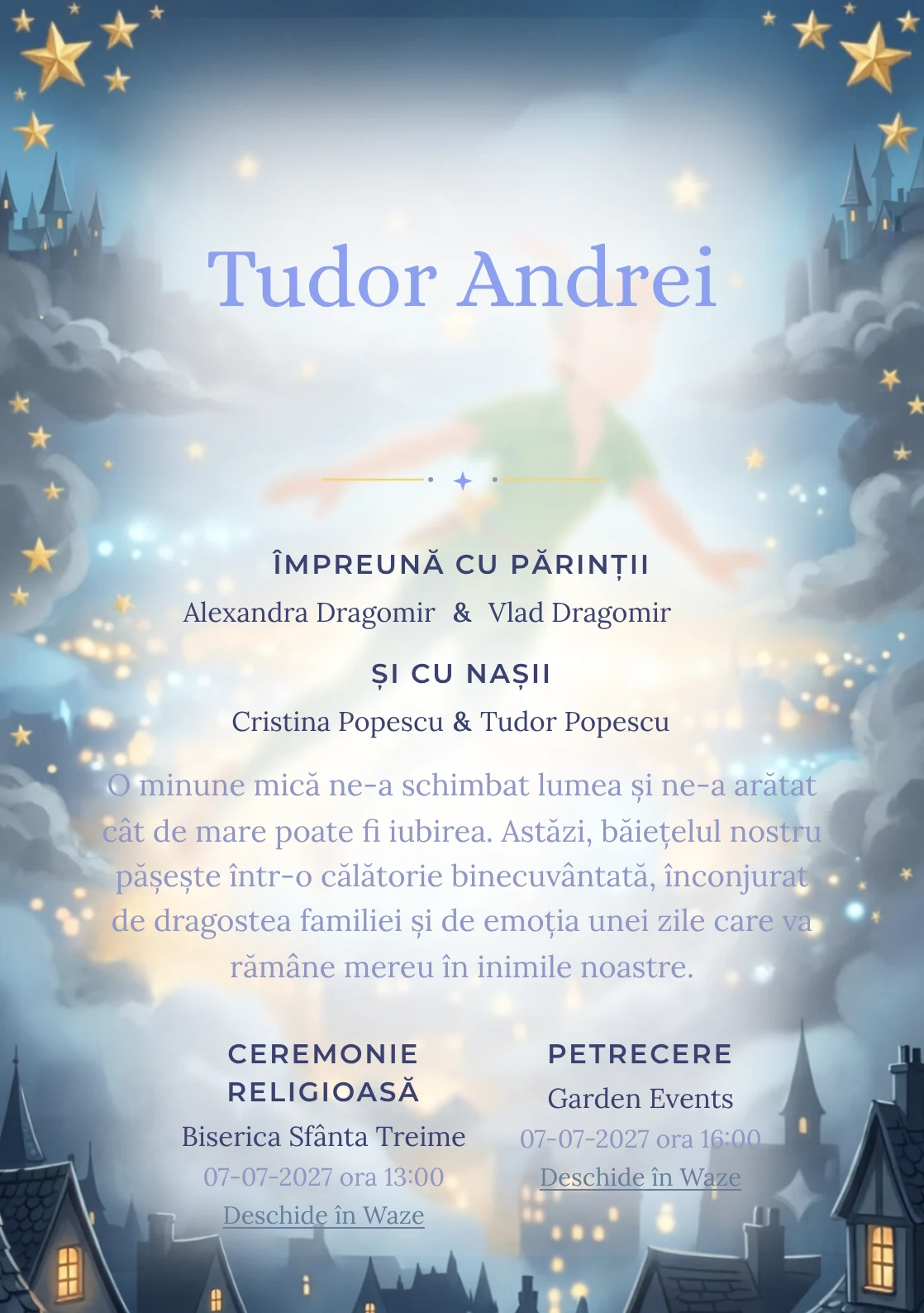 Zborul lui Peter Pan, din gama de invitații botez, combină Peter Pan zburând deasupra unui cu stele aurii, într-o imagine coerentă de botez.