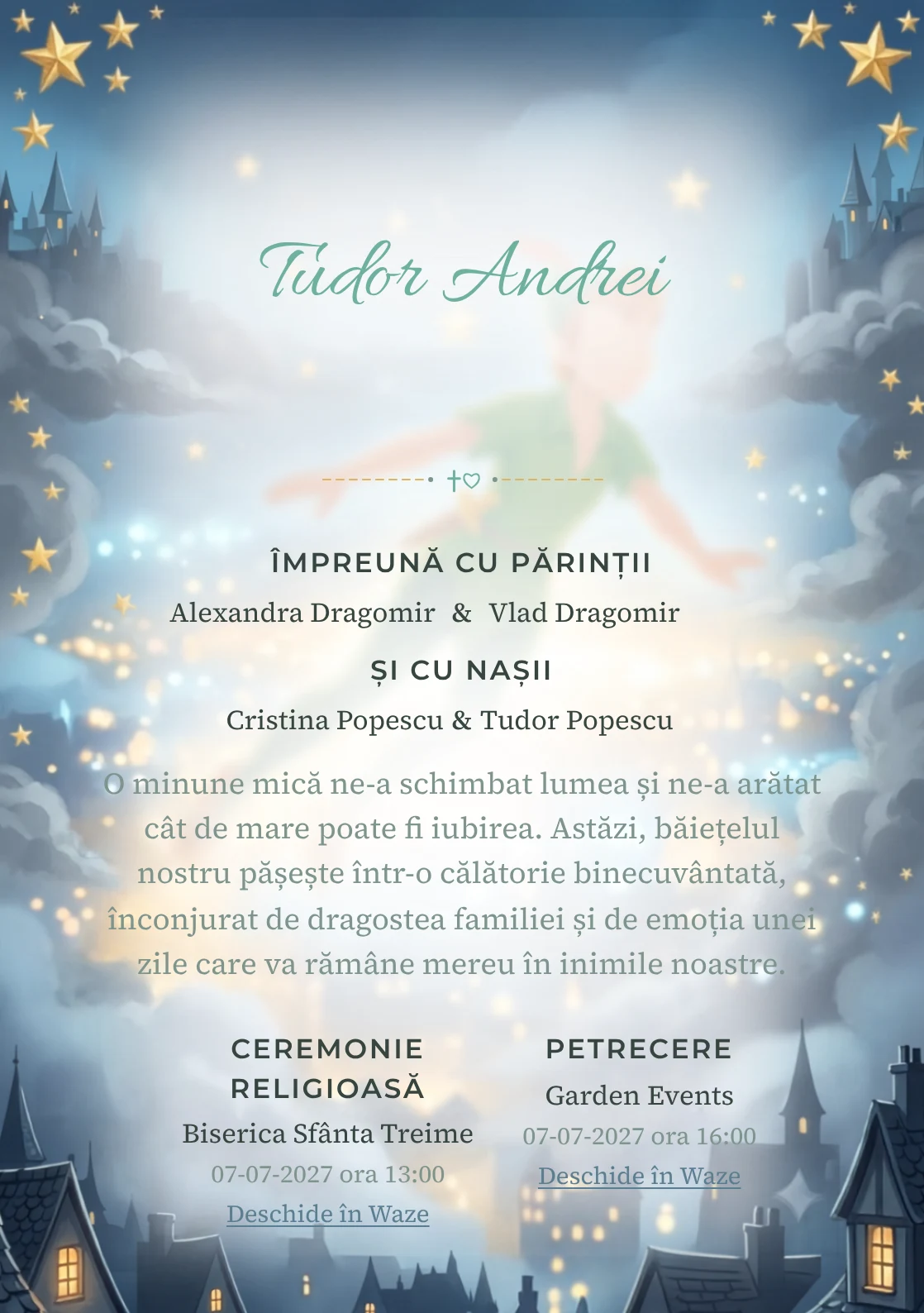 Zborul lui Peter Pan, din gama de invitații botez, combină Peter Pan zburând deasupra unui cu stele aurii, într-o imagine coerentă de botez.