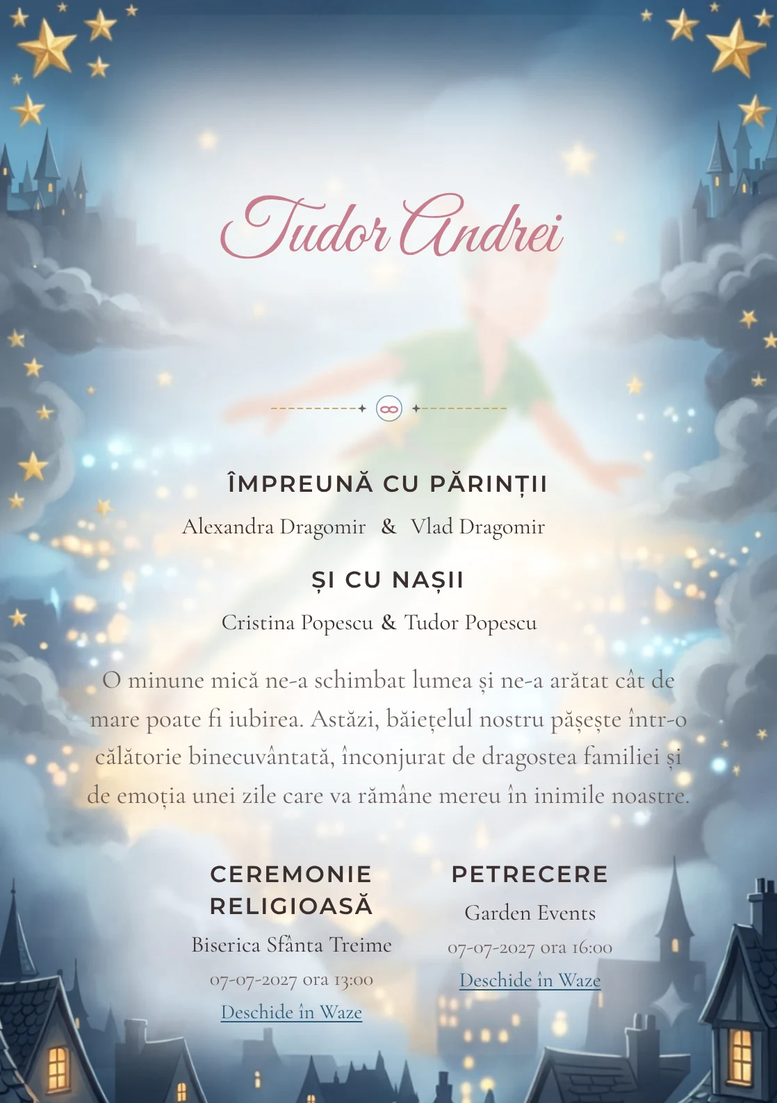 Zborul lui Peter Pan, din gama de invitații botez, combină Peter Pan zburând deasupra unui cu stele aurii, într-o imagine coerentă de botez.