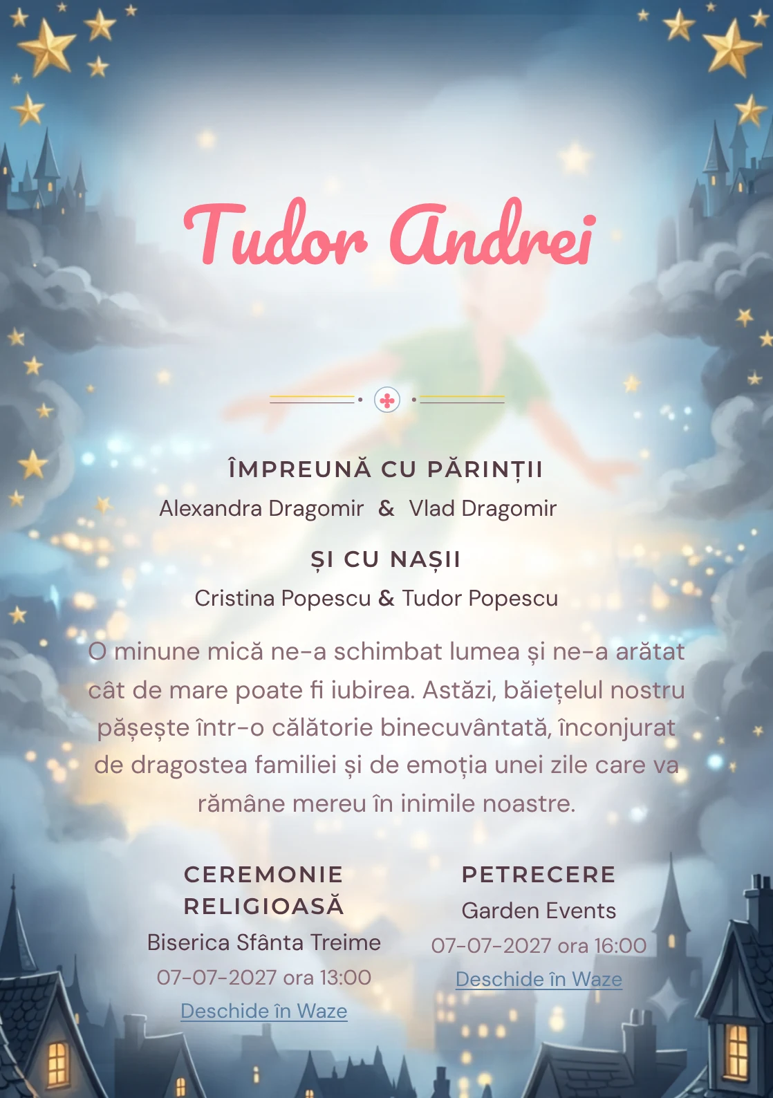 Zborul lui Peter Pan, din gama de invitații botez, combină Peter Pan zburând deasupra unui cu stele aurii, într-o imagine coerentă de botez.
