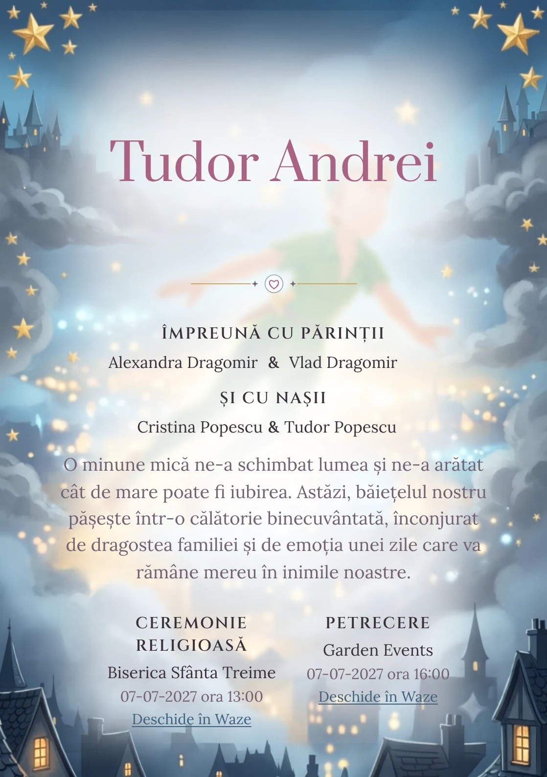 Zborul lui Peter Pan, din gama de invitații botez, combină Peter Pan zburând deasupra unui cu stele aurii, într-o imagine coerentă de botez.
