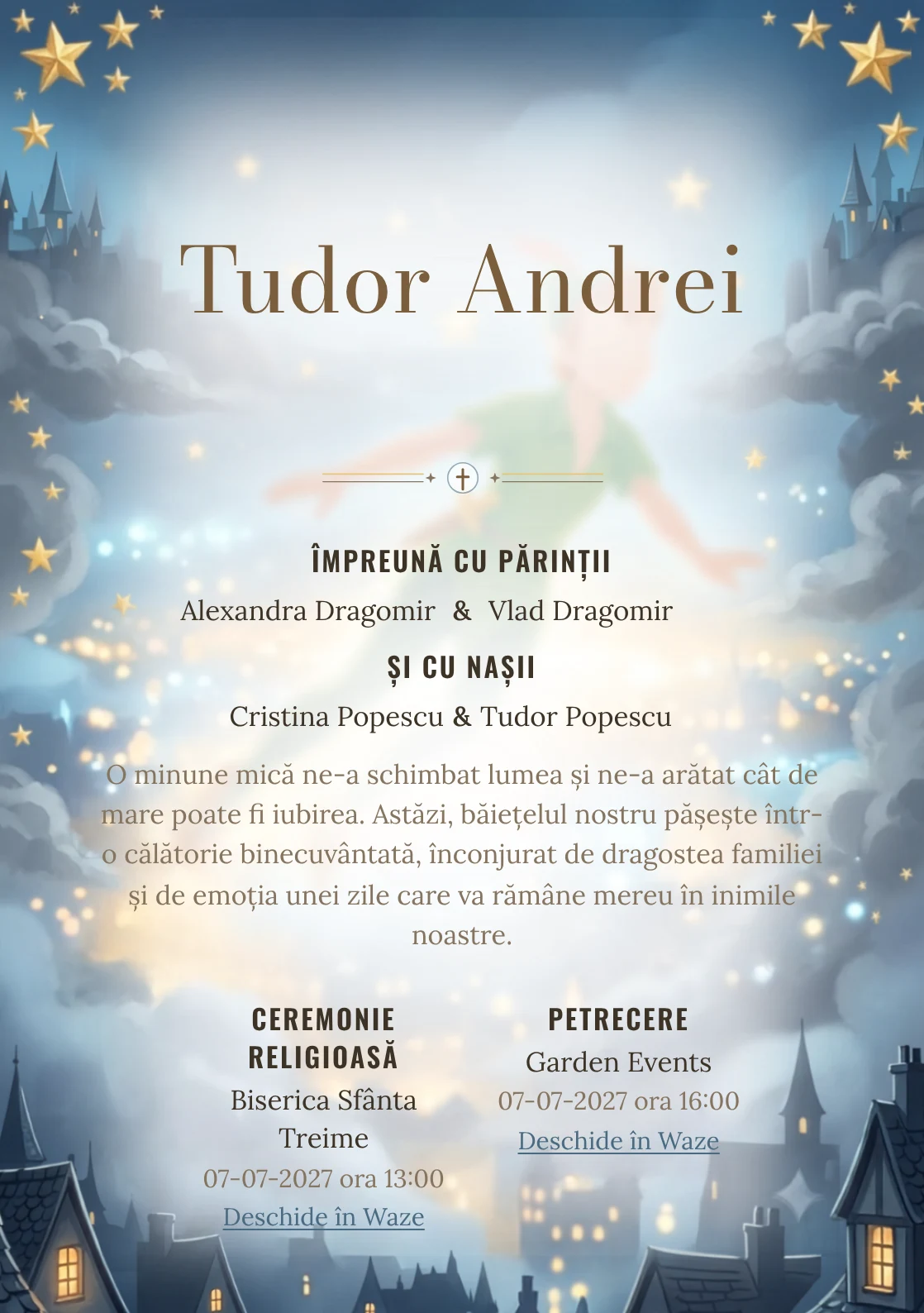 Zborul lui Peter Pan, din gama de invitații botez, combină Peter Pan zburând deasupra unui cu stele aurii, într-o imagine coerentă de botez.