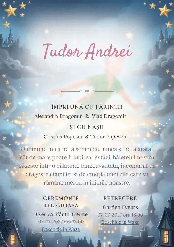 Zborul lui Peter Pan, din gama de invitații botez, combină Peter Pan zburând deasupra unui cu stele aurii, într-o imagine coerentă de botez.