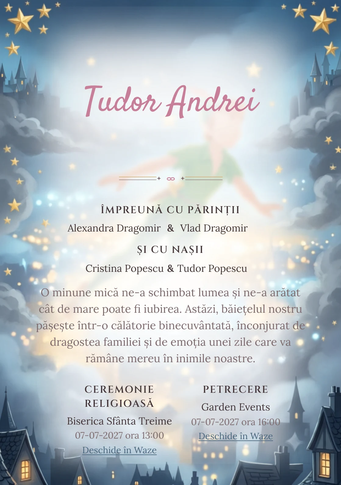 Zborul lui Peter Pan, din gama de invitații botez, combină Peter Pan zburând deasupra unui cu stele aurii, într-o imagine coerentă de botez.