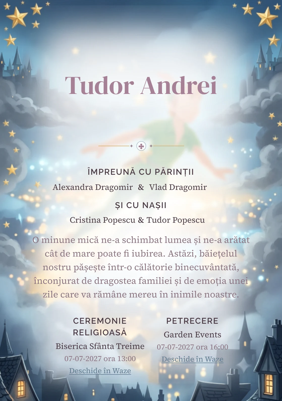 Zborul lui Peter Pan, din gama de invitații botez, combină Peter Pan zburând deasupra unui cu stele aurii, într-o imagine coerentă de botez.
