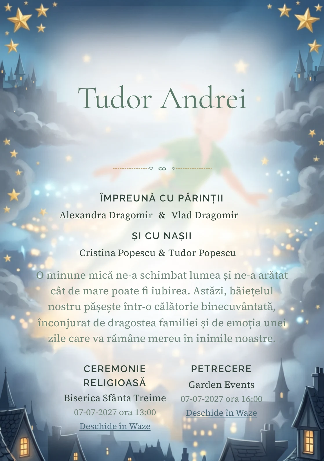 Zborul lui Peter Pan, din gama de invitații botez, combină Peter Pan zburând deasupra unui cu stele aurii, într-o imagine coerentă de botez.