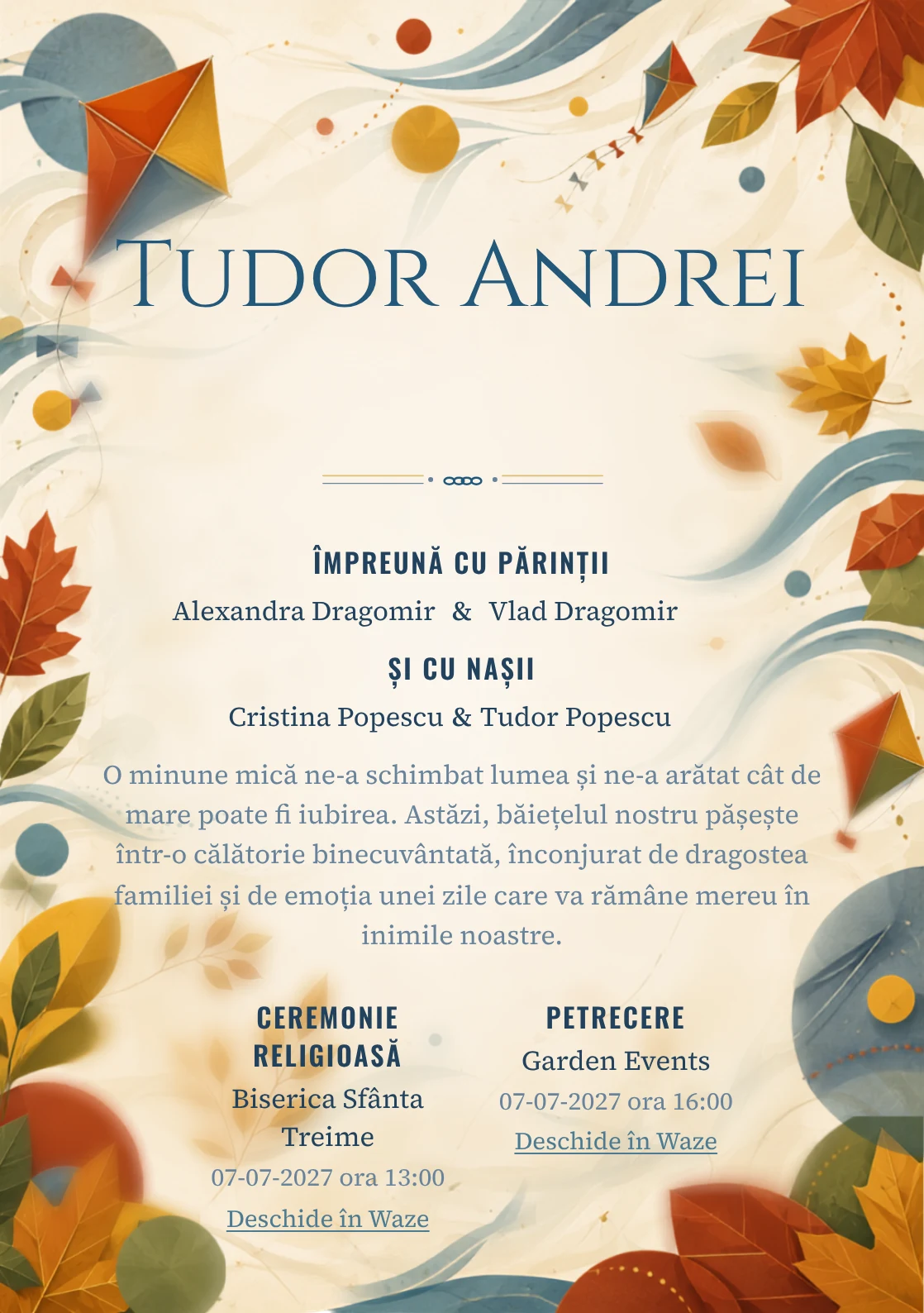 Zmeie de Toamnă, din gama de invitații digitale botez, are ca reper vizual zmee mari traversând forme de toamnă; compoziția include frunze geometrice, vânt și discuri colorate.